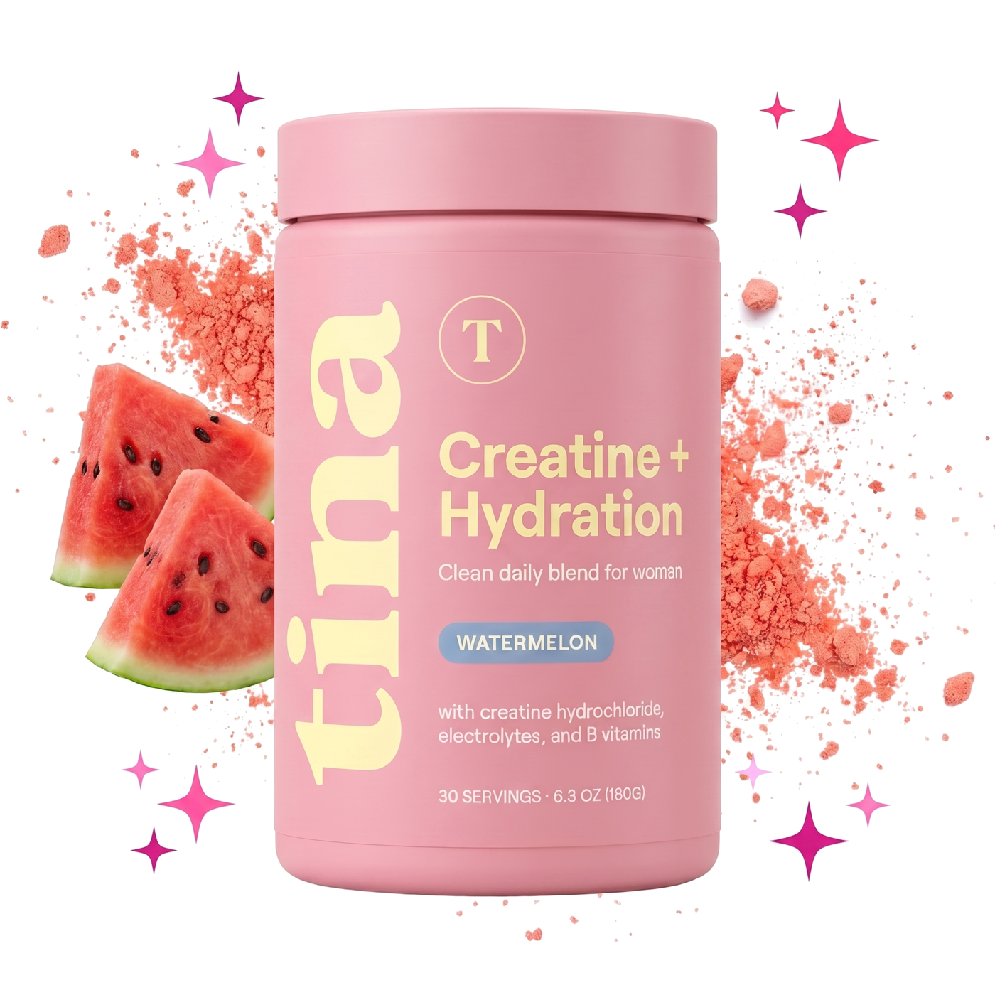TINA Creatine + Hydration — pastel pink jar with watermelon and coral-pink powder