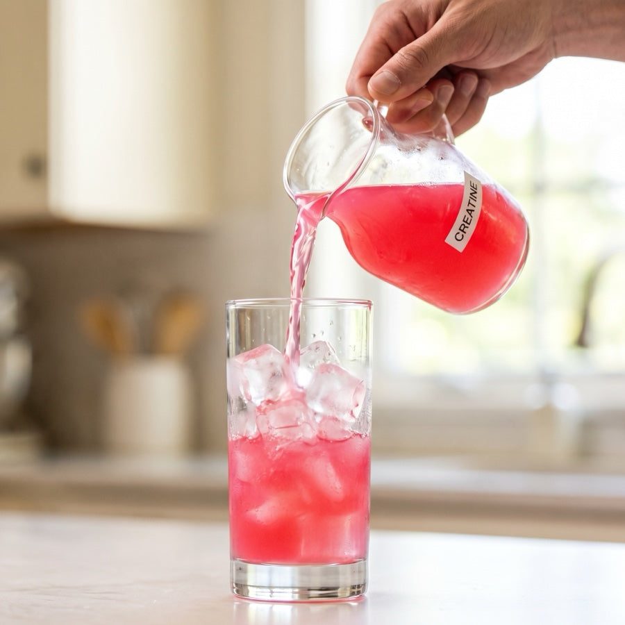 Pink creatine drink pouring into a glass