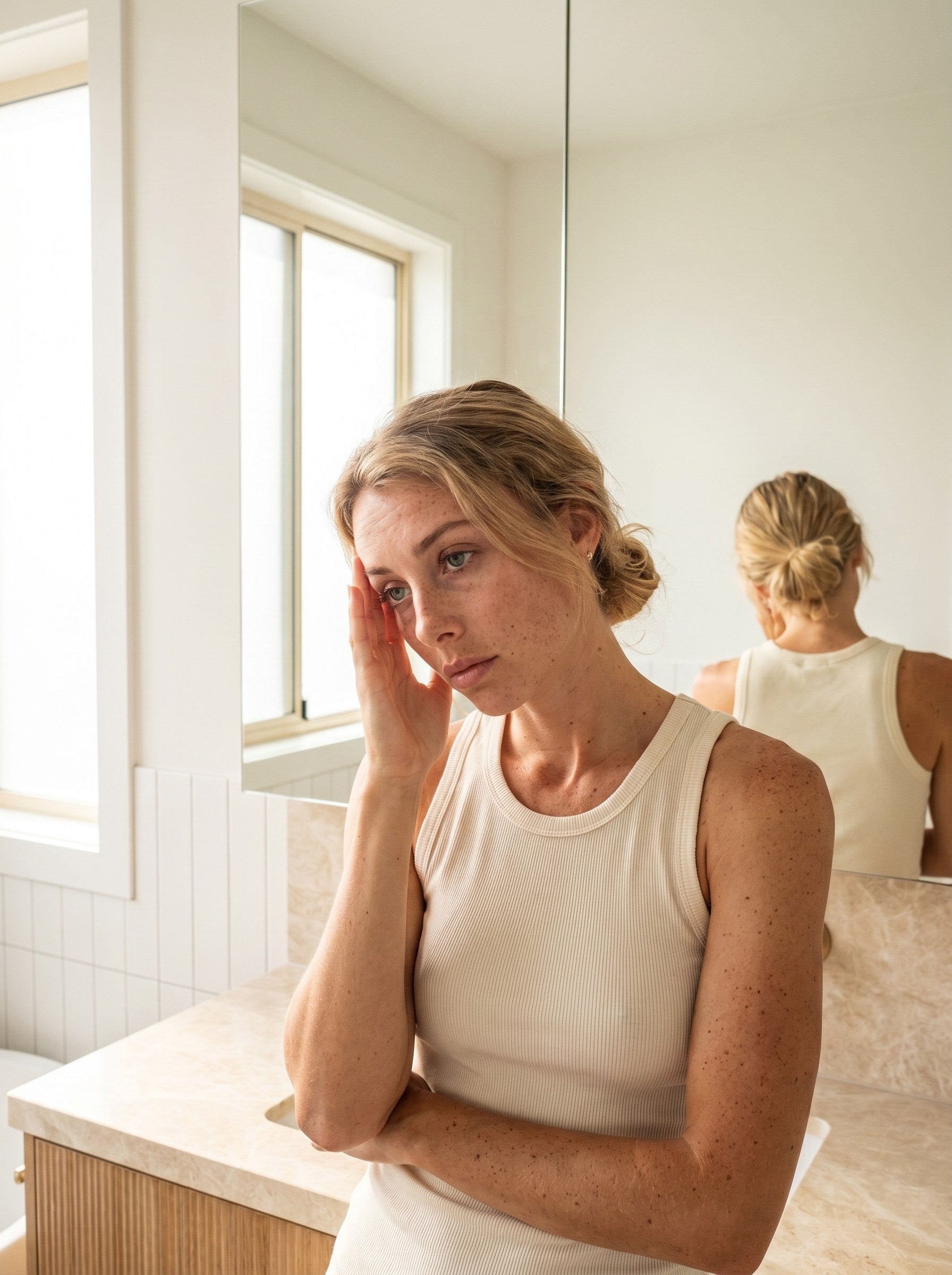 Tired morning without TINA — same woman, drained, depleted, foggy